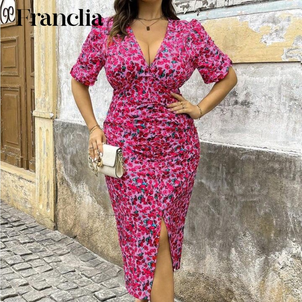 Floral fuchsia dress with ruching